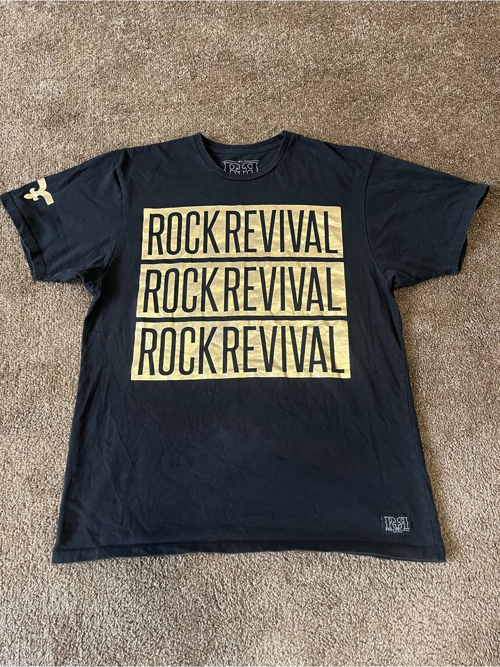 Rock Revival Men's Black T-Shirt with Gold Block Logo Trio Size XL